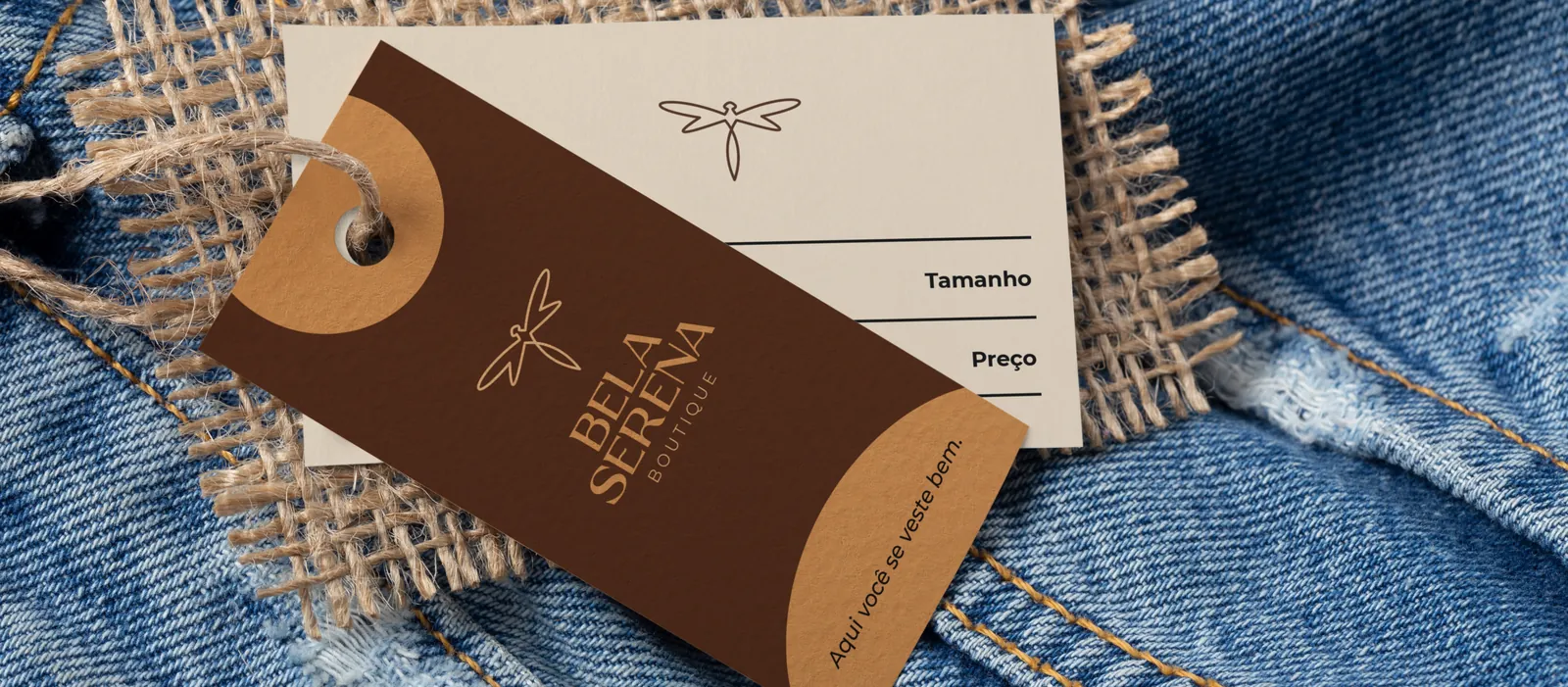 Etiqueta marrom da Bela Serena com símbolo de libélula, presa a uma peça jeans