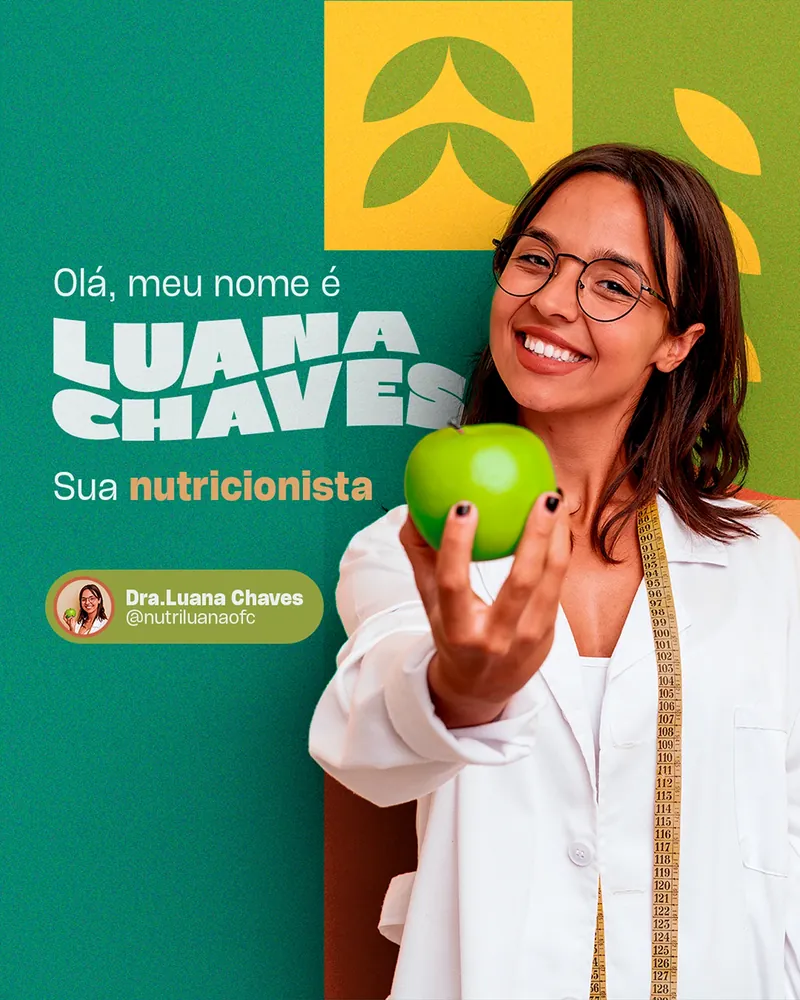 Sequência de posts da nutricionista Luana Chaves em verde, terracota e amarelo