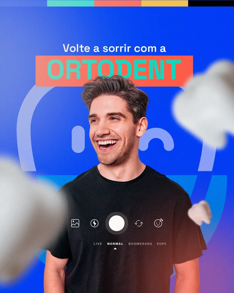 Sequência de posts da Ortodent em azul, turquesa e coral